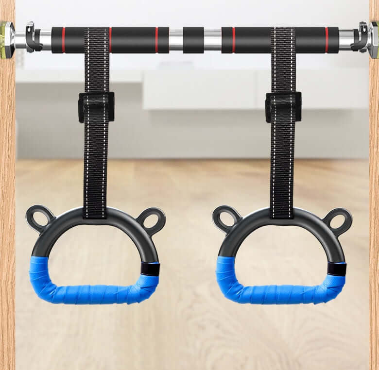children's fitness rings hanging from a bar, designed for safe and fun children's exercise equipment.