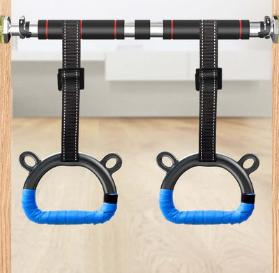 children's fitness rings hanging from a bar, designed for safe and fun children's exercise equipment.