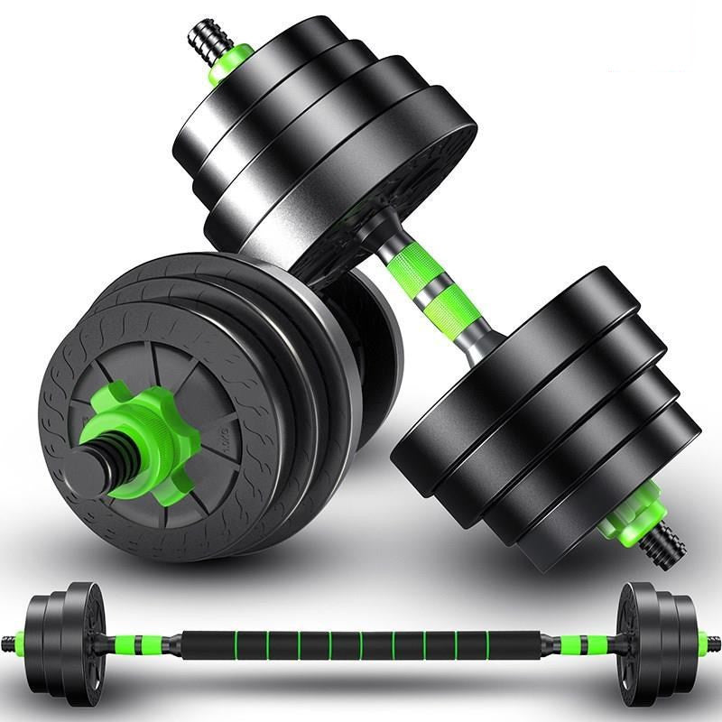 Detachable Fitness Equipment Home featuring black and green adjustable dumbbells and a barbell set for home workouts.